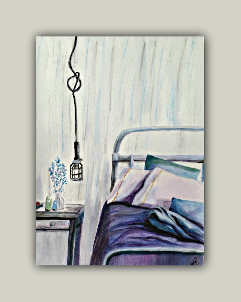 Watercolor Painting, BEDROOM, Original Watercolor, pillow, light, flowers, bed, jars, blankets, vase, table, bed spread, signed by artist image 1