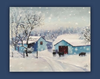Oil Painting, "Soft Snow - RED DOOR FARM," Barn, Farm, cows, tree, field, landscape, trees, painting signed by the artist, snow, winter