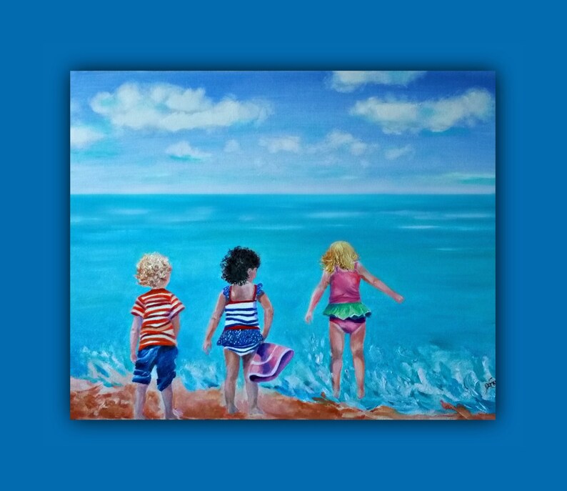 Oil Painting Abstract, 3 BEACH BUDDIES Original Oil Painting, Seascape beach kids, children play ocean clouds SignedByTheArtist image 2