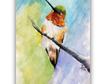 Watercolor Painting, HUMMER on LOOKOUT2, Original Watercolor painting not a print, Hummingbird, bird, watercolor, painting, ArtbyDanaC