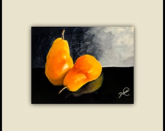 Original Oil Painting, "2 PEAR - Black and White" on canvas board, 5X8" Pears, Fruit, Food.