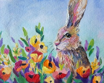 Original Oil painting,"JACK - rabbit among flowers" 4.5"X5.7/8 on mixed media paper
