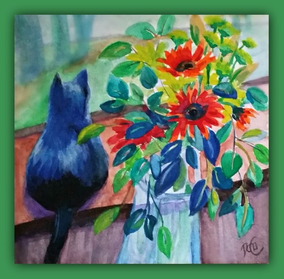 Original Watercolor Black Cat Flowers Cat Flowers Etsy