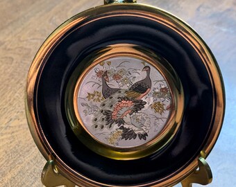 Vintage Chokin Peacock Plate, Japanese 24K Gold & Silver Inlay, Decorative Collector Plate with Brass Stand