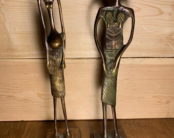 Exquisite Vintage Tall African Bronze Figurine Pair – Heavyweight Artisan Statues
