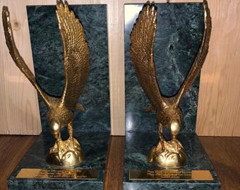 Vintage Brass Eagle Bookends on Green Marble Base - Isaiah 40:31 Scripture