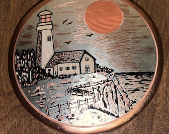 Vintage Mid-Century Copper & Black Enamel Powder Jar - Nautical Lighthouse Motif