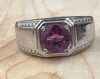 Vintage Karis Purple Gemstone Ring | Platinum Bonded 925 Sterling Silver | Bold Statement Signet Ring Size 12-13