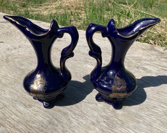 Vintage Cobalt Blue Porcelain Pitcher Vases with Peacock and Floral Detail - Pair Set of Two
