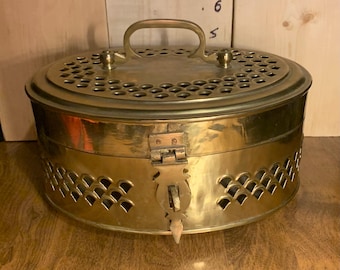XL 9” Vintage Solid Brass Cricket / Potpourri Box With Handle Made in India