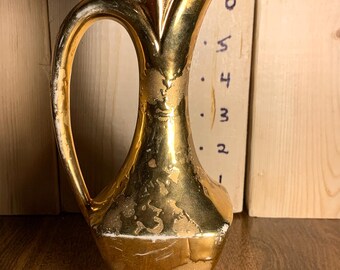 Large 8" Gold Ceramic Ewer Vase | Mid Century Modern Weeping Gold Finish | Vintage Mantel Decor