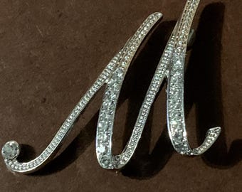 Vintage Silver-Toned Letter M Brooch with Rhinestones
