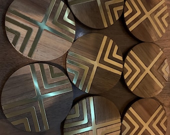 Set of 8 Geometric Wood and Brass Toned Steel Inlay Coasters with Cork Backing