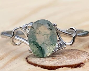 Natural Moss Agate Ring with Cubic Zirconia Accents in Sterling Silver S925, Size 8
