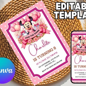 Editable Pink Minnie Mouse Birthday Invitation, Watercolor Girls Birthday Invitation, Printable Invitation, Pink Minnie Invitation