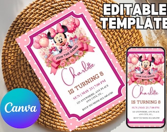 Editable Pink Minnie Mouse Birthday Invitation, Watercolor Girls Birthday Invitation, Printable Invitation, Pink Minnie Invitation