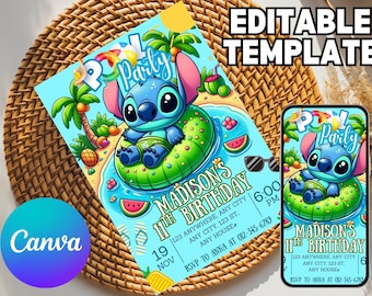 Editable Pool Party Stitch Girl Invitation, Pool Party Invitation, Stitch Pool Party Theme Girl Invite, Pool Birthday Party, Digital File