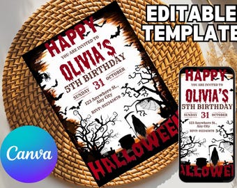 Könnte beinhalten: Eine Halloween-Geburtstagseinladungsvorlage mit dem Text "Happy Olivia's 5th Birthday" in Rot, mit Fledermäusen, einer Spinne und einem Sensenmann. Das Design wird auf einer Karte und einem Smartphone angezeigt.