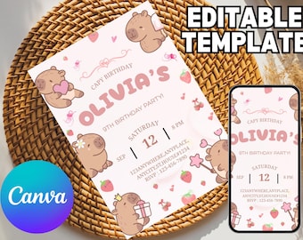 EDITABLE Capybara invitation , Capybara Birthday , Capy Birthday, Kawaii Capybara, Capybara Party Invite, Digital Template, Capybara Cute