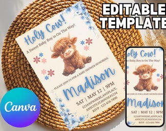 Holy Cow Baby Shower Boy Invitation Card, Highland Cow Editable Canva Template, Rustic Blue Floral Baby Shower, Digital Download Evite