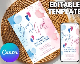 Boho Gender Reveal Invitation, Editable Gender Reveal Invite Template, Vintage Baby BOY or GIRL Gender Reveal Instant Download, Neutral Baby