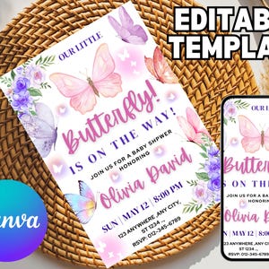 Butterfly Baby Shower Invitation, Pink Purple Butterfly Invitation Template, Editable Butterfly Baby Shower Invite Girl, Flowers, Canva