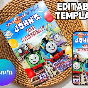 May include: A birthday invitation featuring cartoon trains, balloons, and the text "John's 7th Birthday." The design includes the Canva logo and the date "August 17." A smartphone displays the same design.