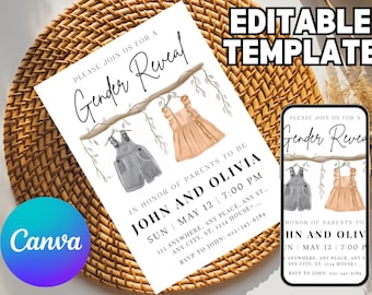Boho Gender Reveal Invitation, Editable Gender Reveal Invite Template, Vintage Baby Clothes Gender Reveal Instant Download, Neutral Baby