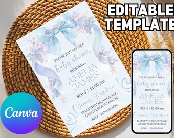May include: A baby shower invitation template with a light blue bow and floral accents. The invitation includes the text "Please join us for a baby shower honoring Amelia James" and event details. A phone displays the invitation.