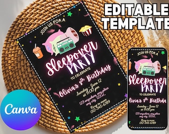 Sleepover Birthday Invitation, Printable Sleepover Invite, Slumber Party, Pajama Party, Retro Neon Light Editable Template, Instant Download