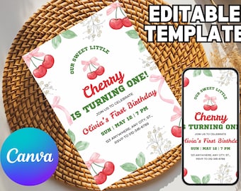 Editable Cherry on Top Invite, Cherry Birthday Invitation, Girl 1st Birthday Invitation, Pink Bow Invitation, Printable Editable Template