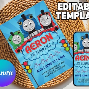 May include: A blue invitation featuring cartoon trains, with the text "Aeron is turning 9". Includes event details and the Canva logo. A matching invitation is displayed on a smartphone.