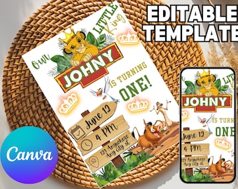 Editable The Lion King Birthday Invitation, Lion King Invitation Birthday, The Lion King Invite, Safari Invitation, Jungle Party Invite