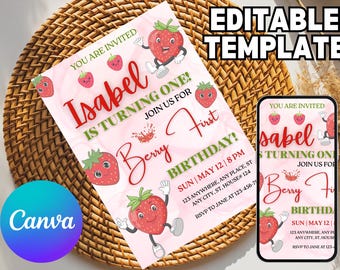 Editable Berry First Strawberry Birthday Invitation, Red Strawberry Birthday Invite, Berry Sweet Birthday Invitation Template