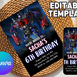 Può includere: Un modello di invito per il sesto compleanno con un personaggio robotico rosso, blu e argento. L'invito include il testo "SACHA'S 6TH BIRTHDAY" e i dettagli dell'evento. Un display del telefono abbinato mostra lo stesso design. Il logo Canva è visibile.
