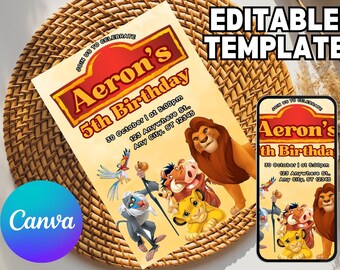 Editable The Lion King Birthday Invitation, Lion King Invitation Birthday, The Lion King Invite, Safari Invitation, Jungle Party Invite