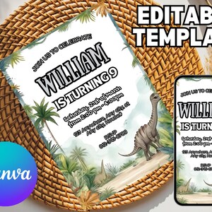 May include: A birthday invitation template featuring the text "WILLIAM IS TURNING 9" with a dinosaur illustration. The invitation includes event details and RSVP information. The design is set against a tropical background.