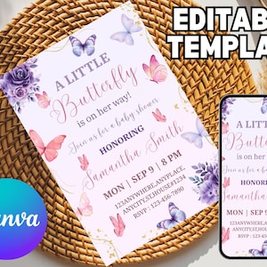 Butterfly Baby Shower Invitation, Pink Purple Butterfly Invitation Template, Editable Butterfly Baby Shower Invite Girl, Flowers, Canva
