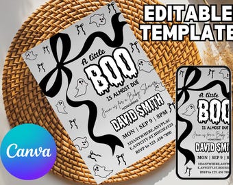 Editable A Little Boo Baby Shower Invitation Bundle, Girl Halloween Baby Shower Invite, Ghost Halloween Baby Shower Invite | Canva Template
