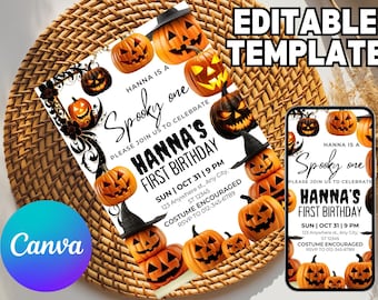 Könnte beinhalten: Eine Halloween-Einladungsvorlage mit orangefarbenen Kürbissen, einem schwarzen Hexenhut und dem Text "Hanna's First Birthday". Das Design enthält das Canva-Logo und die Worte "Editable Template".