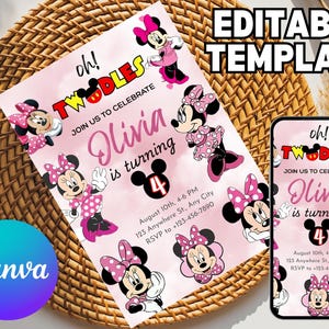 Editable Pink Minnie Mouse Birthday Invitation, Watercolor Girls Birthday Invitation, Printable Invitation, Pink Minnie Invitation