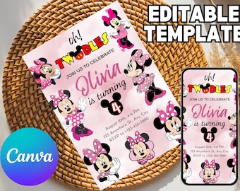 Editable Pink Minnie Mouse Birthday Invitation, Watercolor Girls Birthday Invitation, Printable Invitation, Pink Minnie Invitation