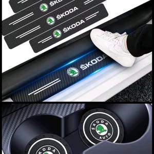 Brand new Skoda *4 Door Sill Protector Scuff Guard Step Cover Set + *2 Skoda Coaster Drink Holder Mat Octavia Superb Scala Yeti Rapid Fabia