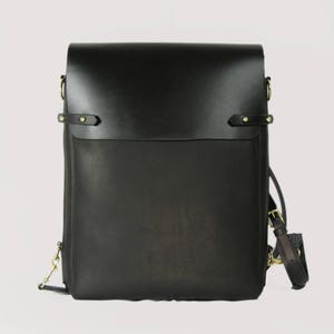 Black leather satchel bag, backpack, vertical, messenger, handmade, Melbourne, Australia, solid brass hardware, fits laptop, ipad, brown