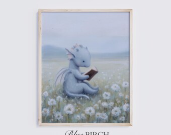 Baby Blue Dragon Reading Print, Whimsical Nursery Wall Art, Fairytale Book Art, Storybook Fantasy Painting, Digital Download 633