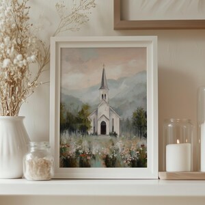 Pastoral chapel wall art for living space — gentle impressionistic painting highlighting tranquil landscapes and soft, serene colors.