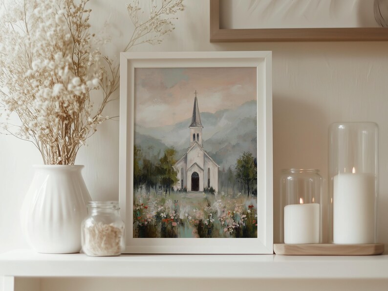 Pastoral chapel wall art for living space — gentle impressionistic painting highlighting tranquil landscapes and soft, serene colors.