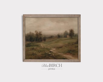 May include: A framed landscape painting with a muted color palette. The artwork depicts a rural scene with a winding path, rolling hills, trees, and a small house. The frame is a light gray color. The text "BlueBIRCH printco" is at the bottom.