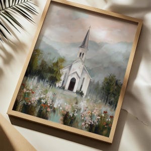 Peaceful chapel picture for office — soothing impressionistic artwork featuring a quaint steeple set against a pastel sky for a calming workplace.
