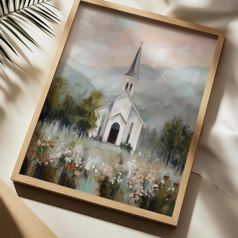 Peaceful chapel picture for office — soothing impressionistic artwork featuring a quaint steeple set against a pastel sky for a calming workplace.